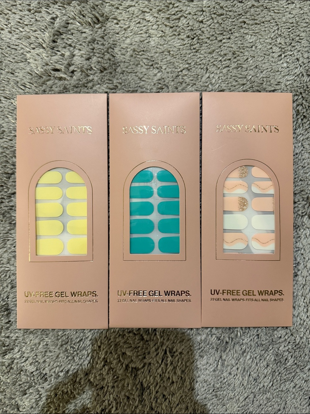 Sassy Saints UV-Free Gel Nail Wraps Trio — Yellow, Teal & Neutral Shades